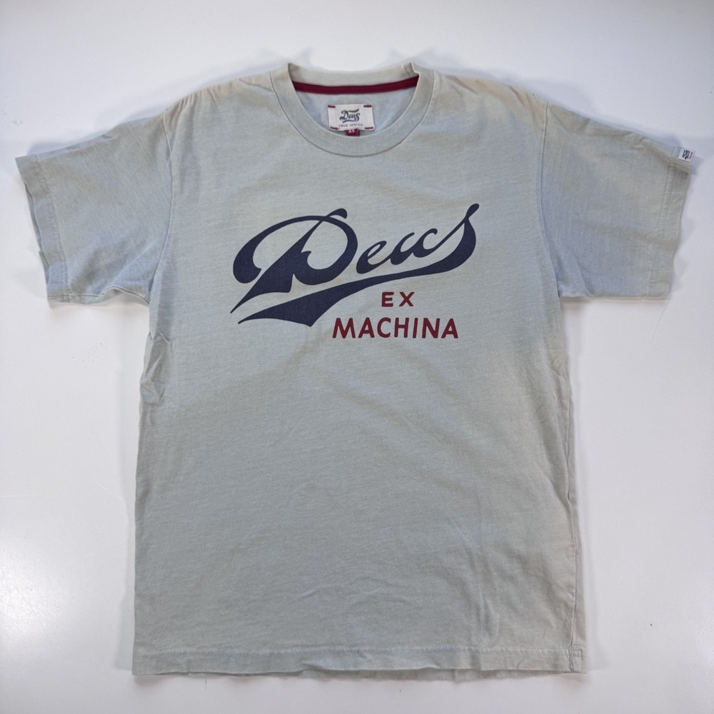 DEUS EX MACHINA Short Sleeve T-Shirt Mens XS Distressed Faded Indigo Bleach Dye